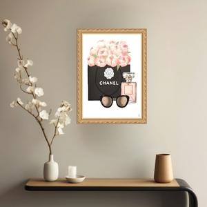 Quadro Decorativo Chanel Flores 24x18cm - Com Vidro Moldura Preta