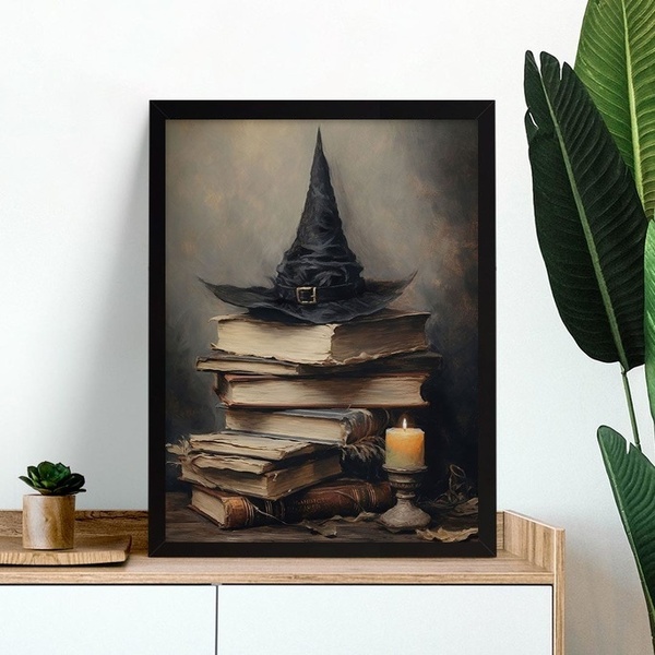 Quadro Decorativo Chapéu De Bruxa 24x18cm - Com Vidro Moldura