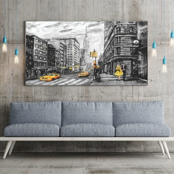 Quadro Decorativo Cidades New York Black And Yellow Com Moldu