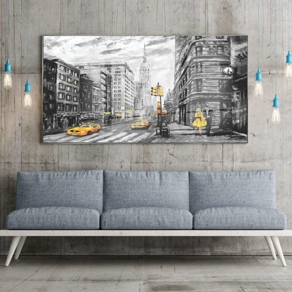 Quadro Decorativo Cidades New York Black And Yellow Com Moldu
