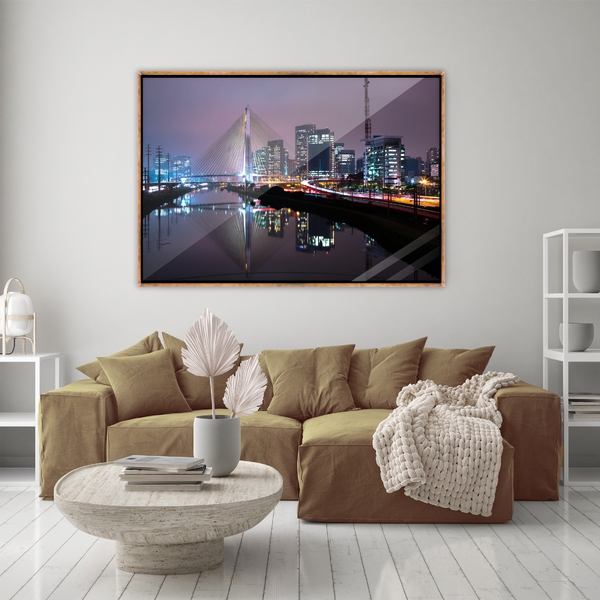 Quadro Decorativo Cidades Noite Em São Paulo Moldura Dourada