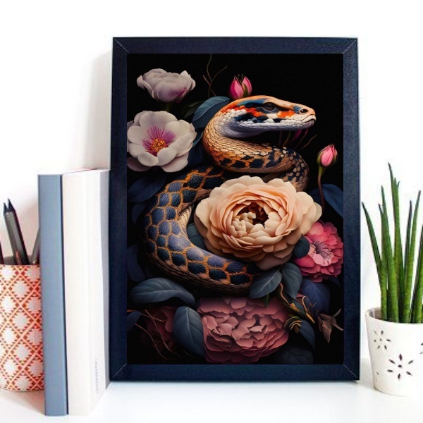 Quadro Decorativo Cobra Com Flores 45x34cm - Com Vidro Moldur