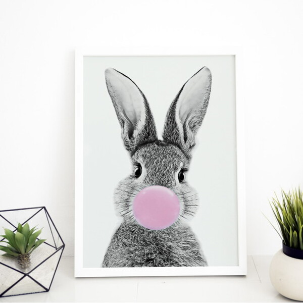 Quadro Decorativo Coelho Chiclete 24x18cm Moldura:madeira Pre