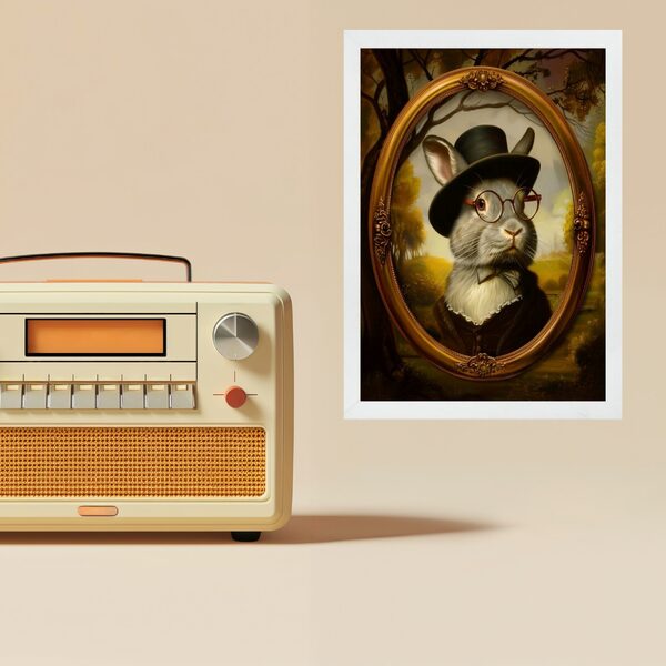 Quadro Decorativo Coelho - Retrato Antigo 45x34cm - Com Vidro