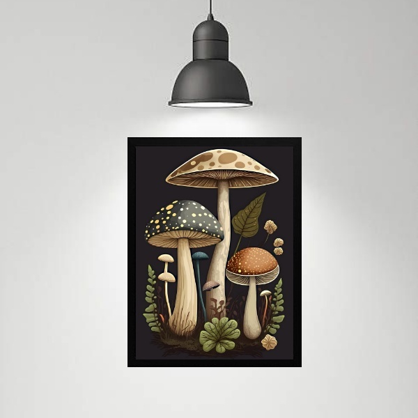 Quadro Decorativo Cogumelos Vintage 33x24cm - Com Vidro Moldu