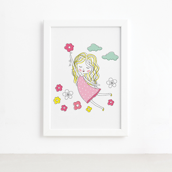 Quadro Decorativo com Moldura Branca Menina Flores 33x43cm