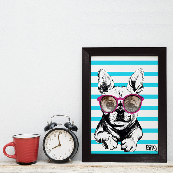 Quadro Decorativo com Moldura Preta Cachorro Bulldog 22x32cm