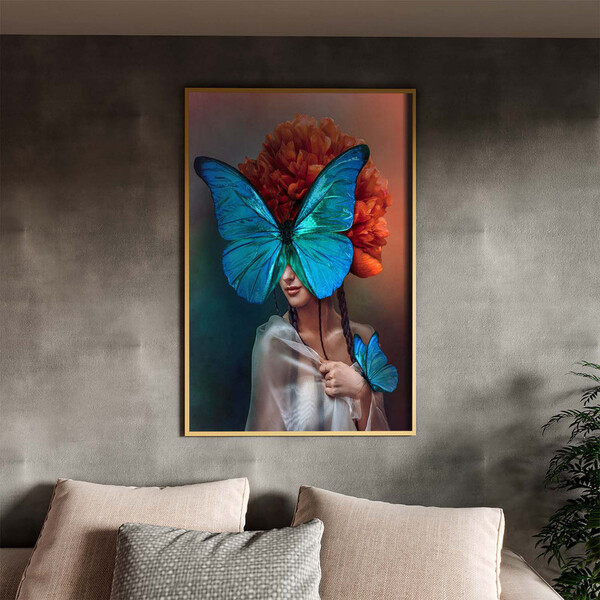 Quadro Decorativo Conceito Blue Butterfly Com Moldura Dourada