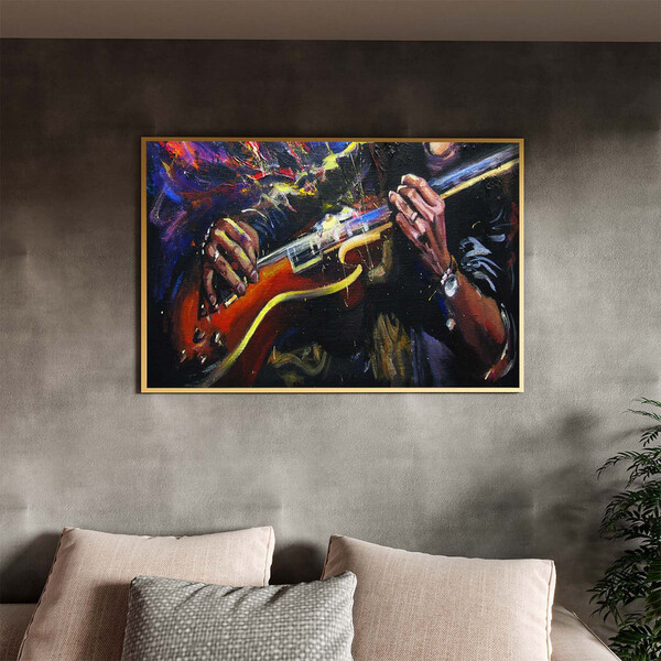 Quadro Decorativo Conceito Play Guitar Com Moldura Dourada -