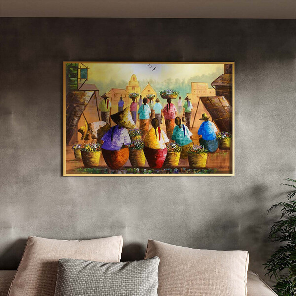 Quadro Decorativo Conceito Vilarejo Com Moldura Dourada - 180