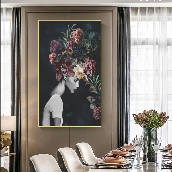 Quadro Decorativo Conceitual Bloom Flowers Com Moldura Dourad
