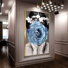 Quadro Decorativo Conceitual Blue Floral Com Moldura Dourada