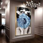 Quadro Decorativo Conceitual Blue Floral Com Moldura Dourada