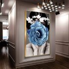 Quadro Decorativo Conceitual Blue Floral Com Moldura Dourada