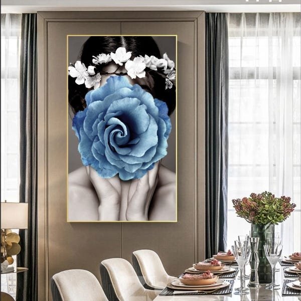 Quadro Decorativo Conceitual Blue Floral Com Moldura Dourada