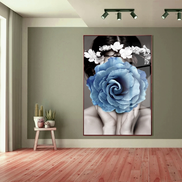 Quadro Decorativo Conceitual Blue Floral Com Moldura Marrom E
