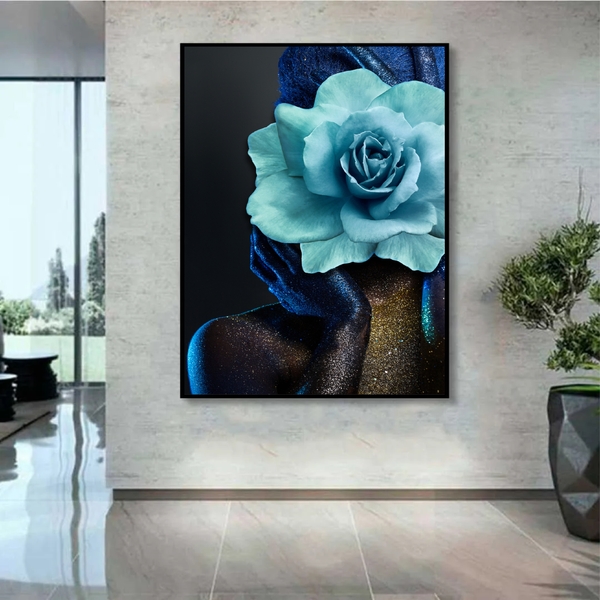 Quadro Decorativo Conceitual Woman Blue Rose Com Moldura Pret