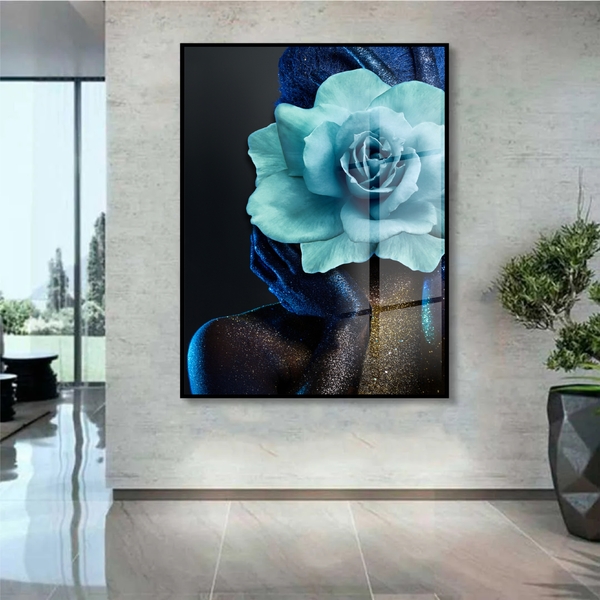 Quadro Decorativo Conceitual Woman Blue Rose Com Moldura Pret
