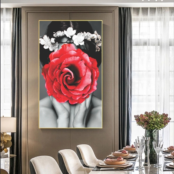 Quadro Decorativo Conceitual Woman Red Rose Com Moldura Doura