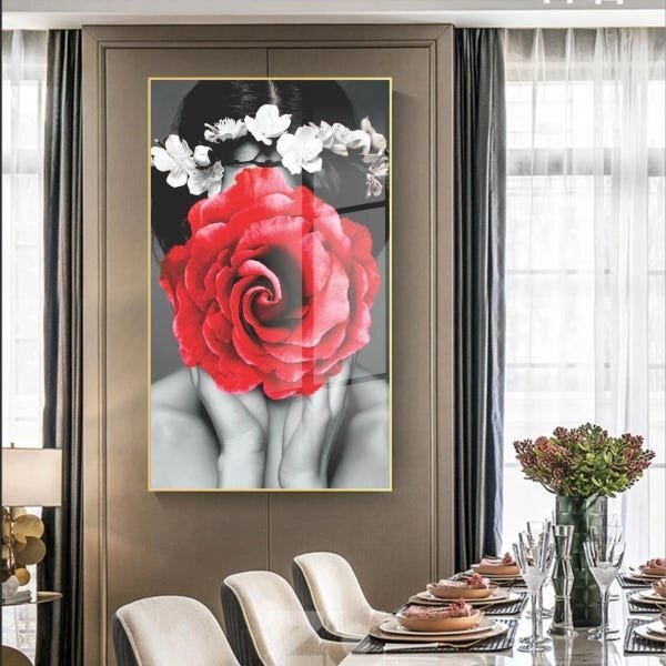 Quadro Decorativo Conceitual Woman Red Rose Com Moldura Doura