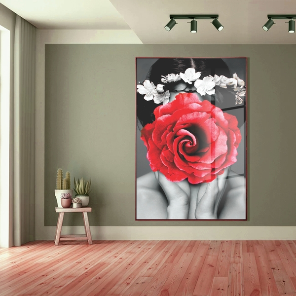 Quadro Decorativo Conceitual Woman Red Rose Com Moldura Marro