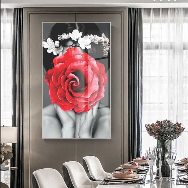 Quadro Decorativo Conceitual Woman Red Rose Com Moldura Prata