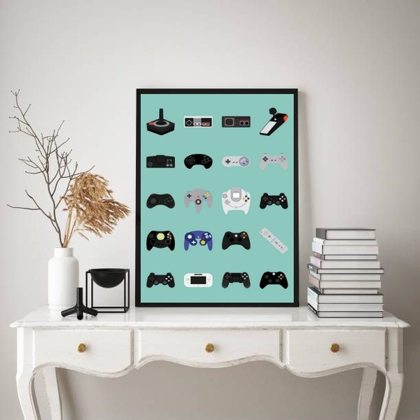 Quadro Decorativo Controles Vídeo Game 45x34cm Moldura Preta