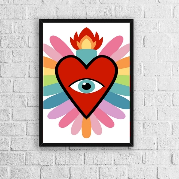 Quadro Decorativo Coração Com olho 33x24cm - Com Vidro Moldur