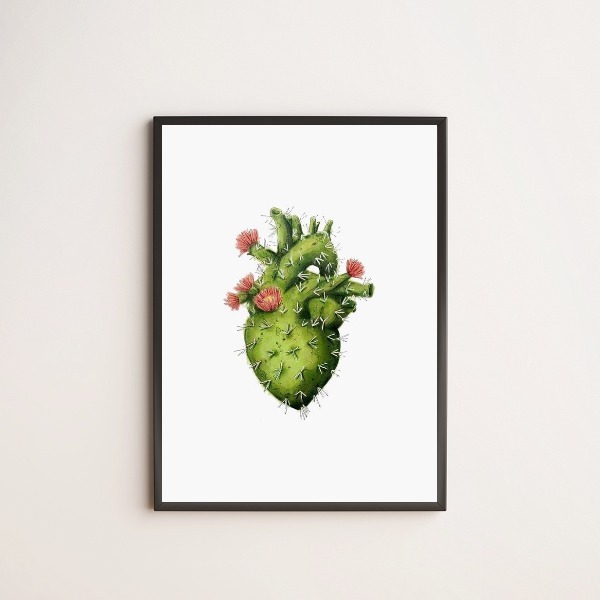 Quadro Decorativo Coração De Cacto 24x18cm - Com Vidro Moldur