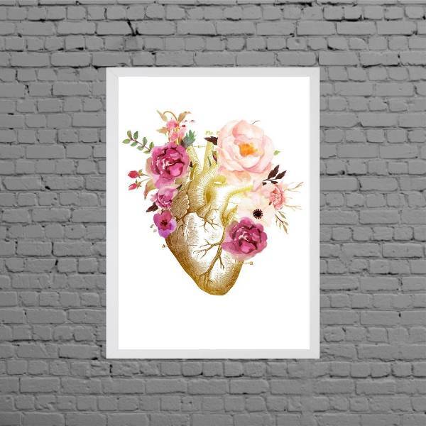 Quadro Decorativo Coração Florido 33x24cm Moldura:madeira Bra