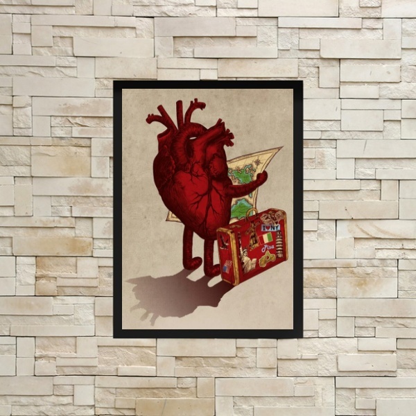 Quadro Decorativo Coração Viajante 24x18cm Moldura:madeira Br