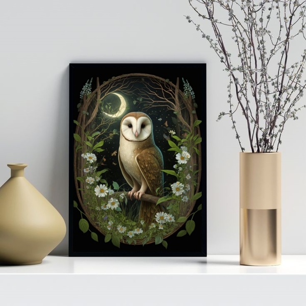 Quadro Decorativo Coruja Ao Luar 24x18cm Moldura Preta
