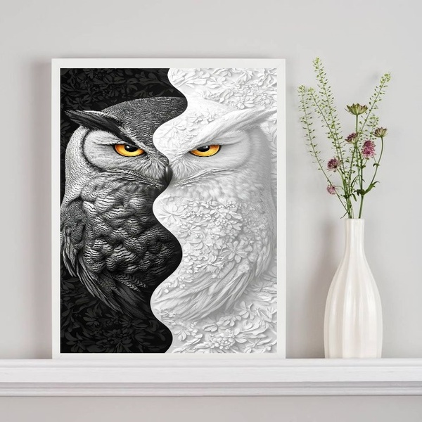 Quadro Decorativo Coruja Branco Preto - Metades 24x18cm - Com