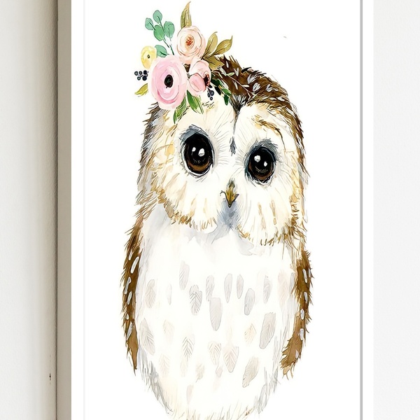 Quadro Decorativo Coruja Flores Aquarela  - 70x50cm Moldura B