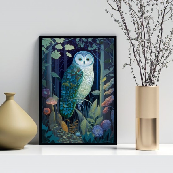 Quadro Decorativo Coruja Folk 45x34cm Moldura Branca