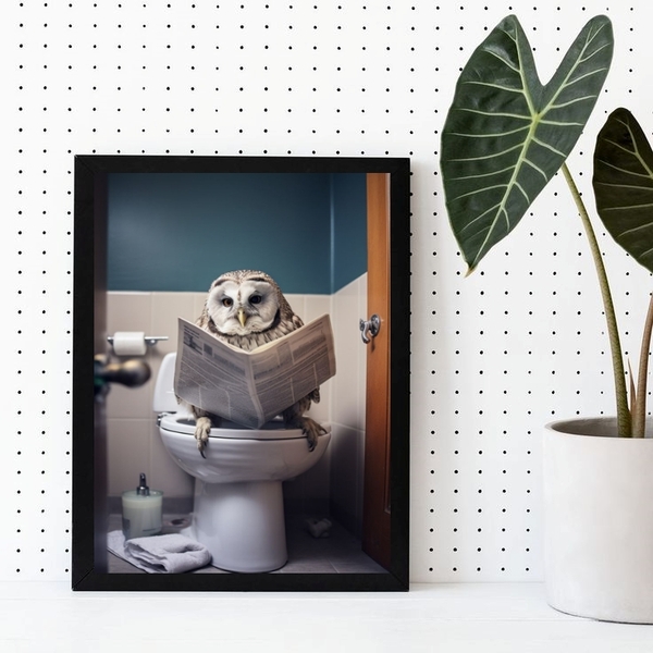 Quadro Decorativo Coruja No Banheiro 24x18cm Moldura:madeira