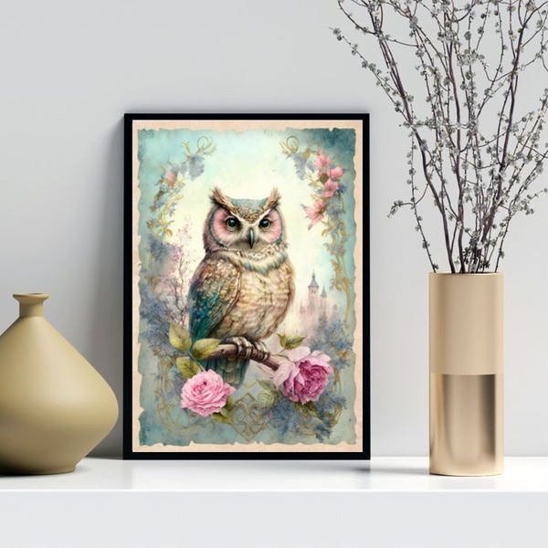 Quadro Decorativo Coruja Vintage 24x18cm - Com Vidro Moldura