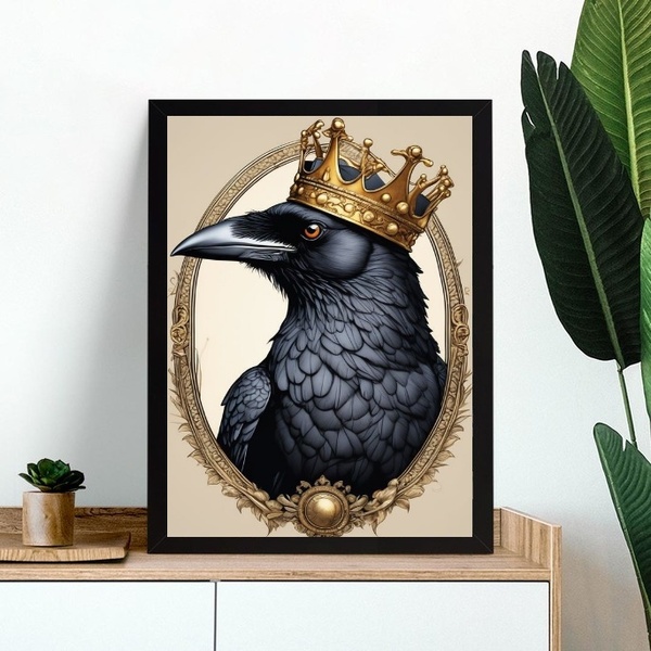 Quadro Decorativo Corvo Rei 24x18cm - Com Vidro Moldura Preta