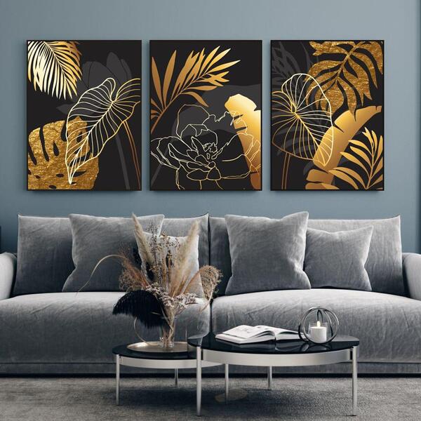 Quadro Decorativo Costela De Adao Dourada  40x60 Folhas