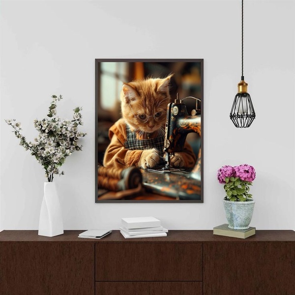 Quadro Decorativo Costureira - Gatinha 45x34cm - Com Vidro Mo