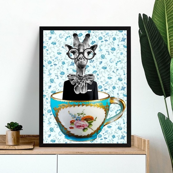 Quadro Decorativo Cozinha Vintage - Girafa Xícara 24x18cm - C
