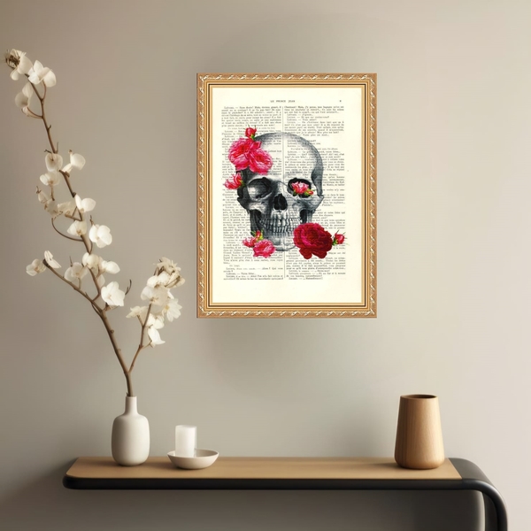 Quadro Decorativo Crânio Com Rosas 33x24cm - Com Vidro Moldur