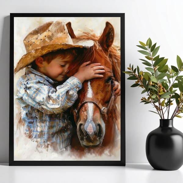 Quadro Decorativo Criança Com Cavalo - Aquarela 45x34cm - Com