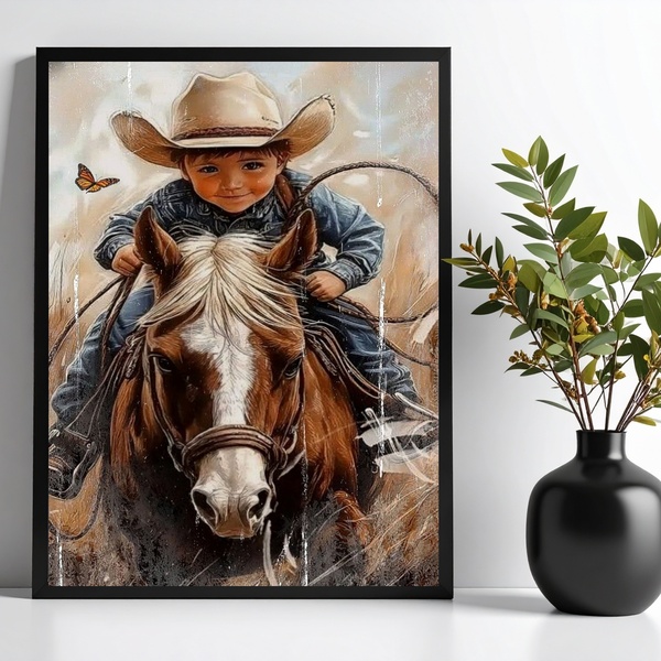 Quadro Decorativo Criança Cowboy Com Cavalo 24x18cm - Com Vid