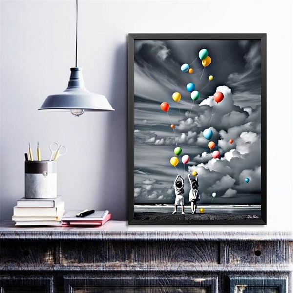 Quadro Decorativo Crianças Com Balões Coloridos 33x24cm Moldu