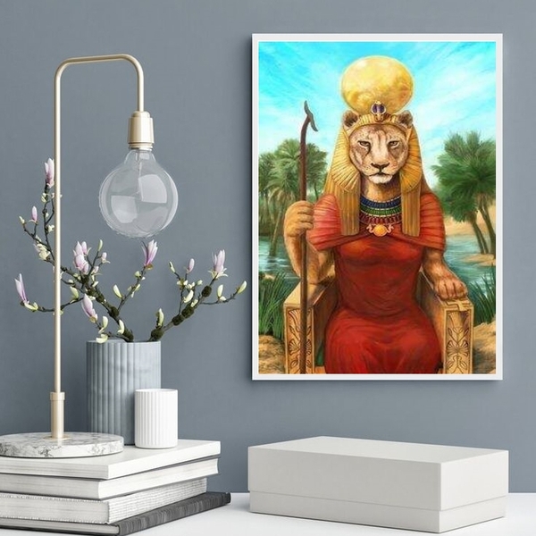 Quadro Decorativo Deusa Sekhmet 45x34cm Moldura:madeira Preta