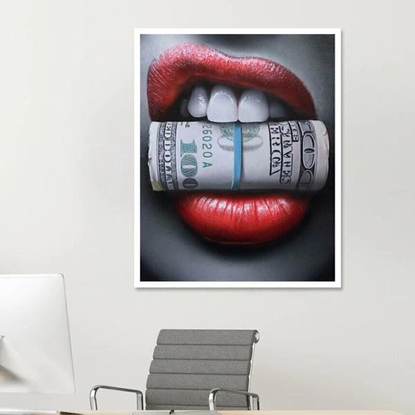 Quadro Decorativo Dinheiro Money Lips 45x34cm Moldura Branca