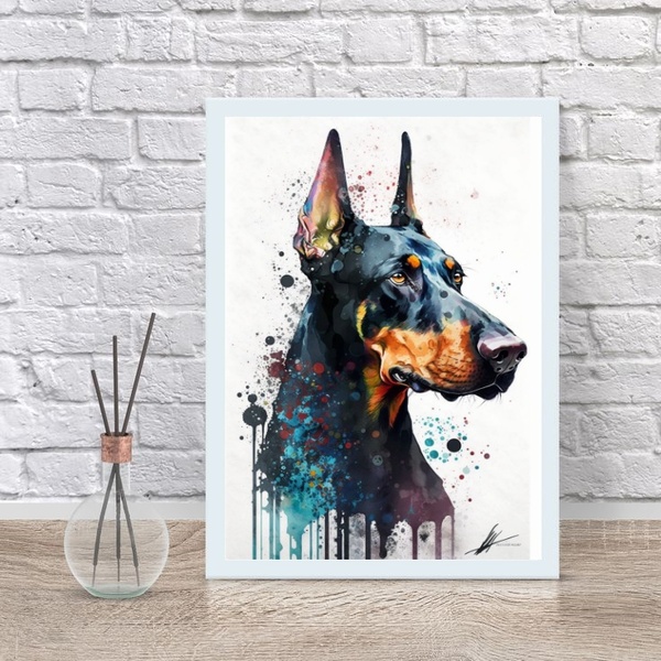 Quadro Decorativo Doberman Aquarela 45x34cm Moldura:madeira B