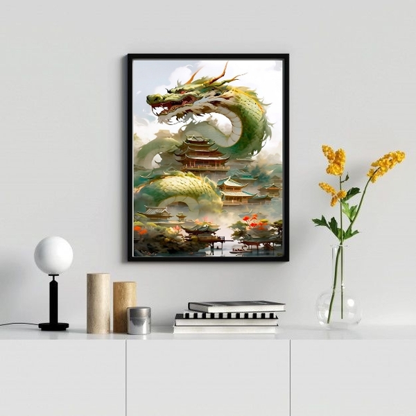 Quadro Decorativo Dragão Chinês 33x24cm - Com Vidro Moldura:m