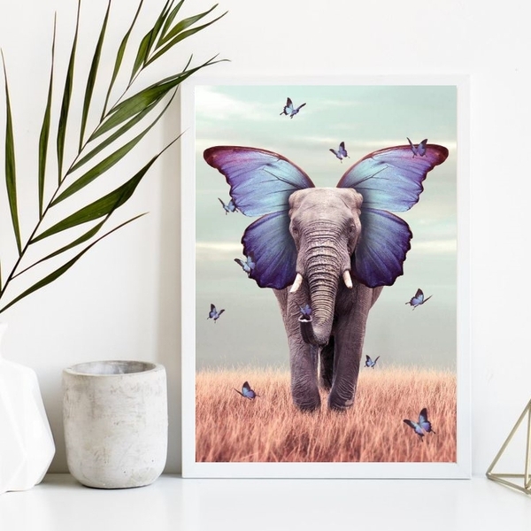 Quadro Decorativo Elefante Borboleta Azul 45x34cm Moldura:mad